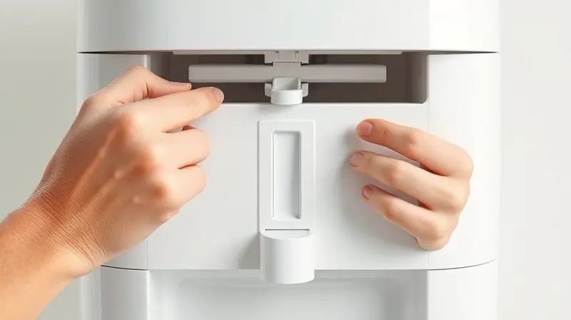 Detalhe das mãos de uma pessoa abrindo cuidadosamente a tampa de um purificador de água branco para iniciar o processo de troca do refil.