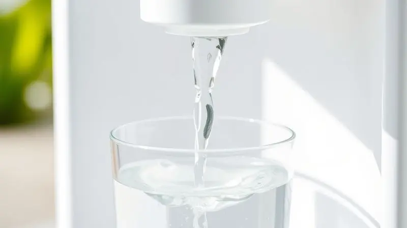 Detalhe de um copo de vidro sendo enchido com água pura e cristalina de um purificador de água Esmaltec Acqua 7.