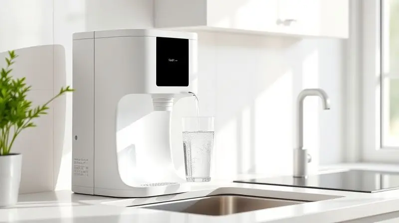 Copo de vidro sendo enchido com água cristalina de um purificador de água branco instalado em uma bancada de cozinha moderna e bem iluminada.