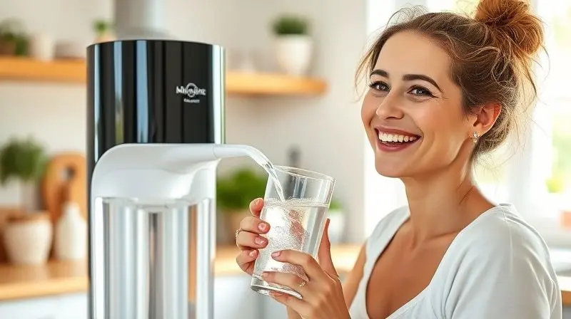 Mulher sorrindo enquanto bebe um copo de água cristalina em uma cozinha iluminada, simbolizando os benefícios da água alcalina para a saúde e o bem-estar.