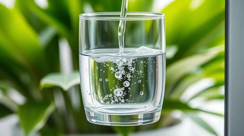 Copo de vidro sendo enchido com água pura e borbulhante de um purificador, com uma planta ao fundo, simbolizando os benefícios da água ozonizada.