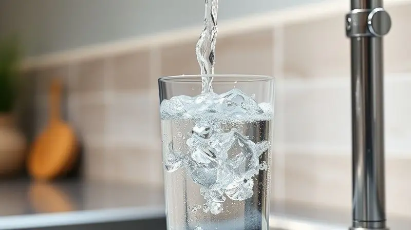 Copo de vidro sendo enchido com água cristalina e pura de um purificador, simbolizando saúde e a remoção de cloro e impurezas.