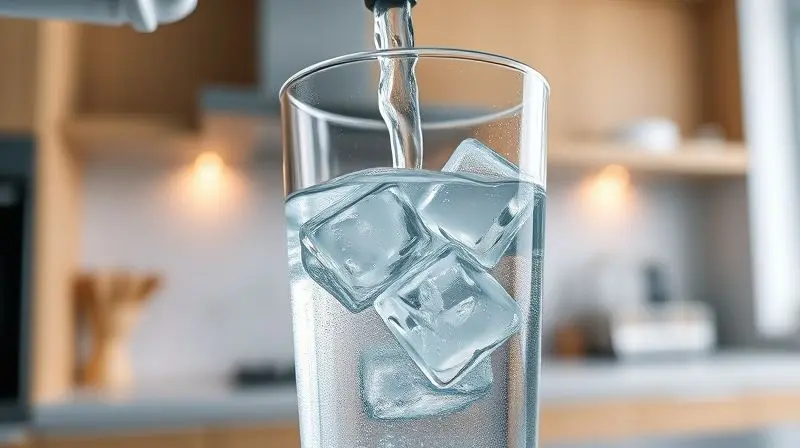 Copo de vidro recebendo água muito gelada de um purificador, com condensação visível, ilustrando a alta capacidade de refrigeração.