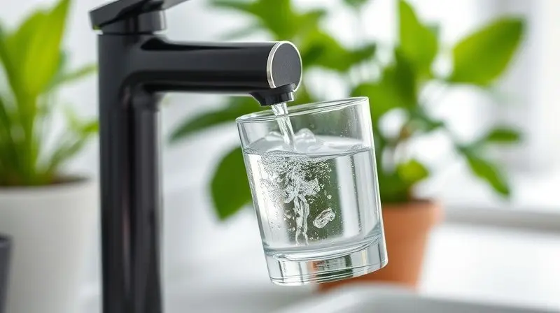 Copo de vidro sendo enchido com água pura e cristalina de um purificador, destacando os principais benefícios e características de um filtro de qualidade.