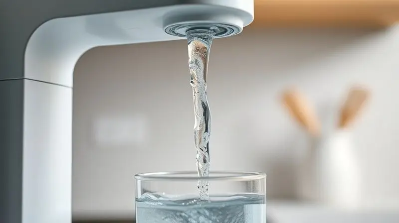 Close-up de um purificador de água moderno em uma cozinha, destacando o fluxo de água pura e suas principais características de filtragem.