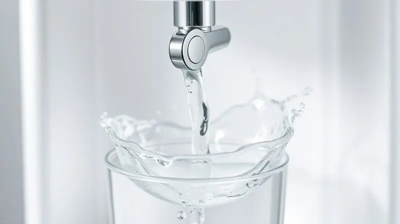 Detalhe do fluxo de água pura e cristalina saindo de um purificador Acqua Bella, enchendo um copo de vidro.