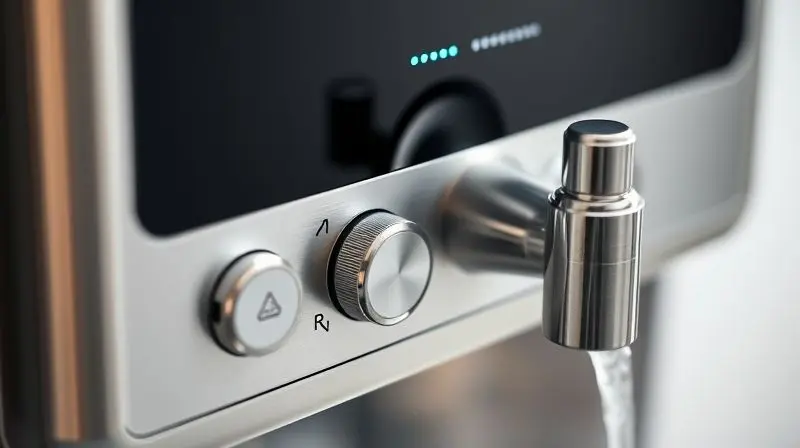 Detalhe do painel de controle e bico de um purificador de água, mostrando suas especificações técnicas e design moderno.
