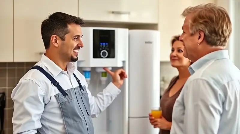 Técnico da assistência técnica inspecionando um purificador de água em uma cozinha, representando a solução profissional para o problema.