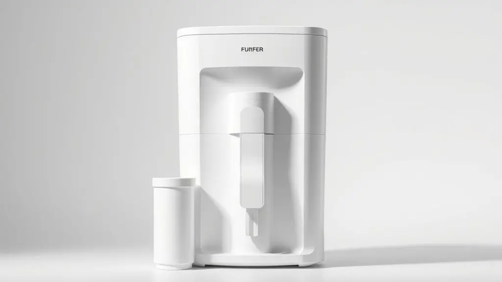 Guia visual mostrando como abrir um purificador de água para a troca do refil do filtro, com o aparelho branco e um refil novo em destaque.