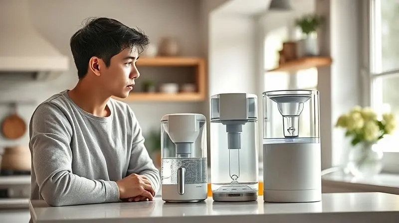 Pessoa em uma cozinha moderna comparando dois modelos de purificador de água para escolher o ideal para sua casa.