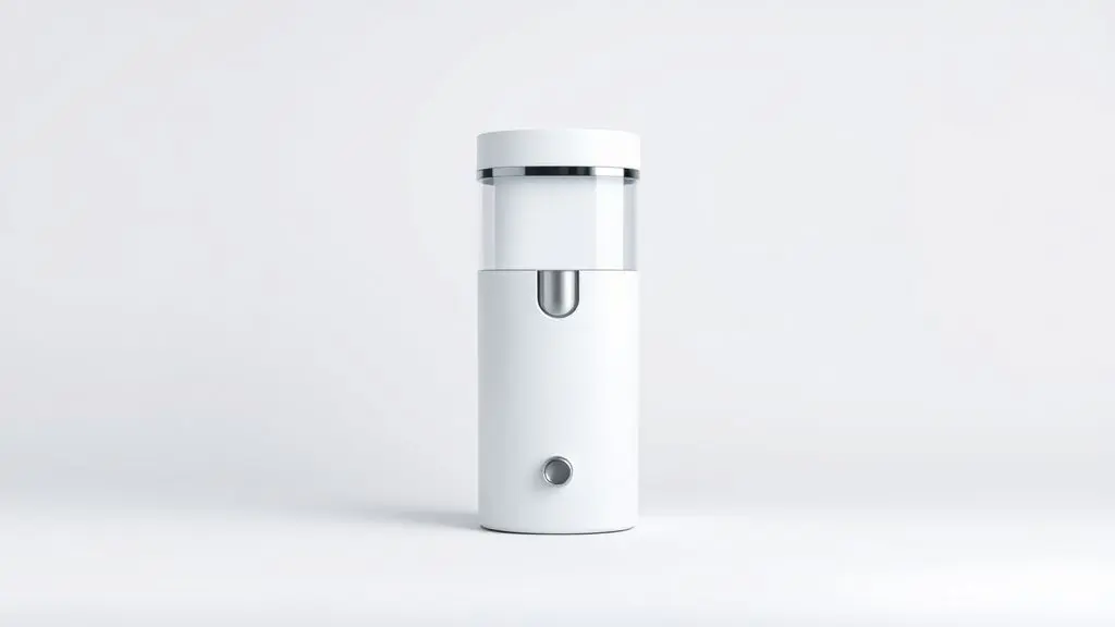 Um purificador de água branco, moderno e sem marca, perfeitamente centralizado em um fundo neutro, simbolizando a pureza e a escolha ideal.