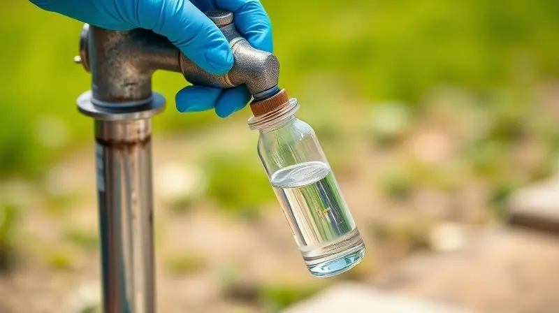 Profissional com luvas azuis coletando uma amostra de água de poço em um frasco estéril para realizar a análise laboratorial completa.