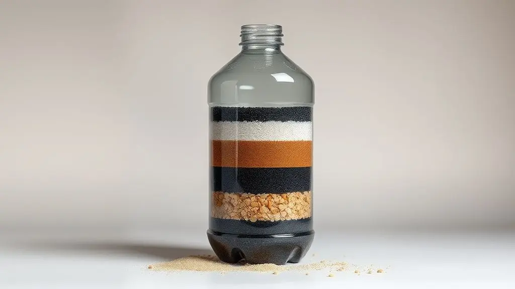 Um filtro de água caseiro feito com uma garrafa plástica e camadas visíveis de elementos filtrantes como carvão, areia e cascalho em fundo neutro.
