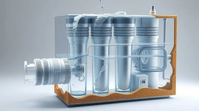 Engrenagens e filtros internos de um purificador de água em funcionamento, destacando a tecnologia de purificação.