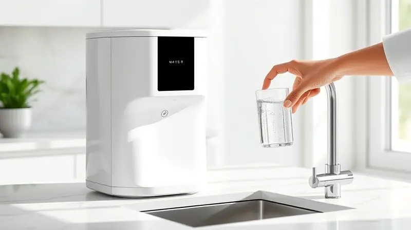 Purificador de água moderno instalado na bancada de uma cozinha, com uma pessoa enchendo um copo, mostrando como garantir água pura em casa.