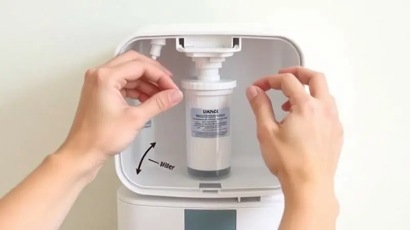 Mãos de uma pessoa realizando a troca fácil do refil de um purificador de água, destacando a simplicidade do processo.