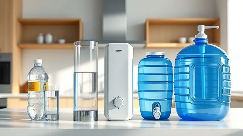 Comparativo lado a lado entre um filtro de água caseiro, um purificador de água elétrico moderno e um galão de água mineral.