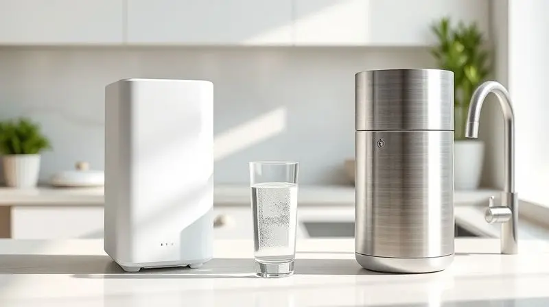 Comparativo visual dos purificadores de água Consul CPB34AF branco e CPB34AS prata em uma cozinha bem iluminada.