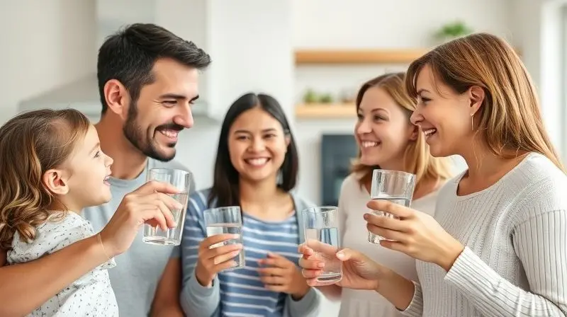 Família feliz e saudável na cozinha brindando com copos de água, simbolizando a confiabilidade da marca Philco e seus produtos.