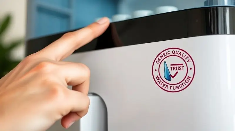 Uma pessoa inspecionando o selo de qualidade e certificação em um purificador de água para avaliar a confiabilidade da marca.