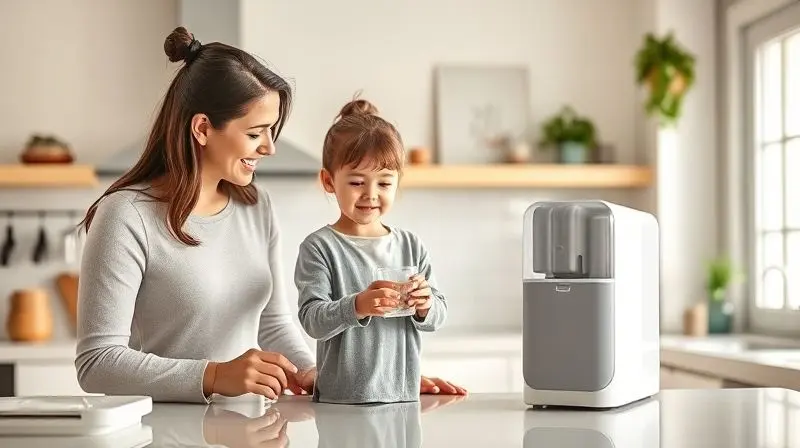 Família feliz em uma cozinha moderna, utilizando um purificador de água Polar, o que demonstra a confiabilidade e segurança da marca.