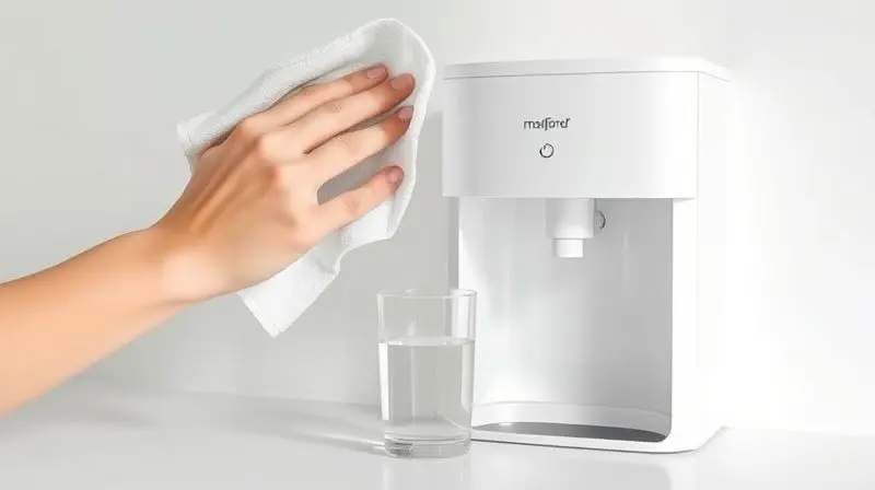 Pessoa limpando um purificador recém-instalado com um pano macio e segurando um copo de água, representando os cuidados após a instalação.