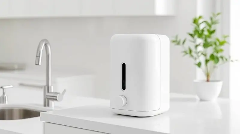 Purificador de água branco com design compacto instalado de forma elegante na bancada de uma cozinha moderna.