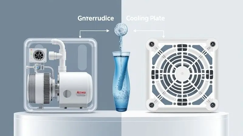 Ilustração conceitual mostrando a diferença interna entre a tecnologia de refrigeração por compressor e a placa eletrônica de um purificador.