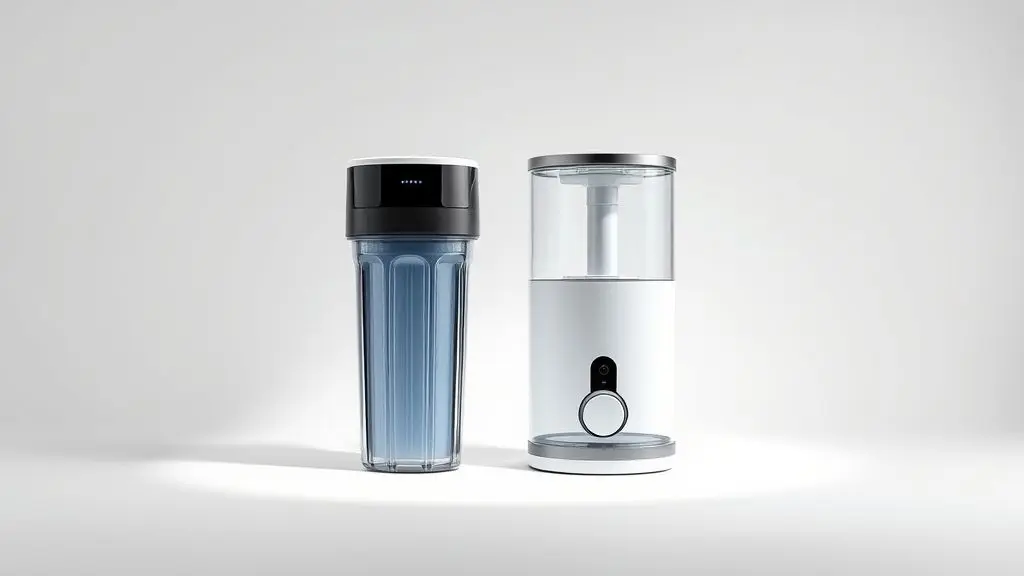 Comparativo visual entre um filtro de água simples e um purificador de água moderno, destacando as diferenças de design e tecnologia entre os dois aparelhos.