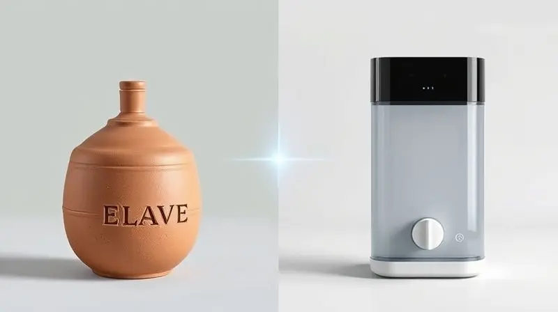 Imagem conceitual comparando um filtro de barro tradicional com um purificador de água moderno para ilustrar a diferença entre os dois aparelhos.