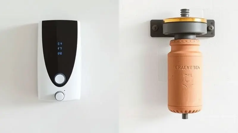 Comparativo visual entre um moderno purificador de água eletrônico e um filtro de barro tradicional, destacando as diferenças de tecnologia.
