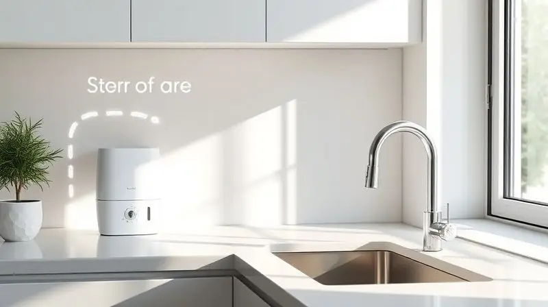 Bancada de cozinha moderna e limpa com uma área destacada mostrando o melhor lugar para posicionar o purificador de água, perto da pia e de uma tomada.