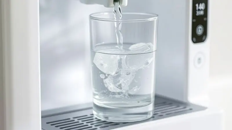 Um copo de vidro recebendo água gelada de um purificador, com gotas de condensação, representando a eficiência da refrigeração por compressor.