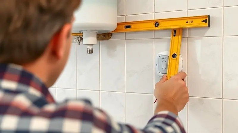 Pessoa marcando com lápis e nível o local ideal em uma parede de azulejos de cozinha para a correta instalação do purificador de água.
