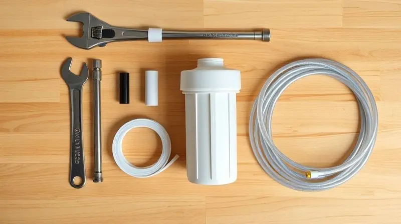 Ferramentas e materiais para instalação de filtro de água, incluindo alicate, fita veda rosca e mangueiras, organizados sobre uma bancada de madeira.