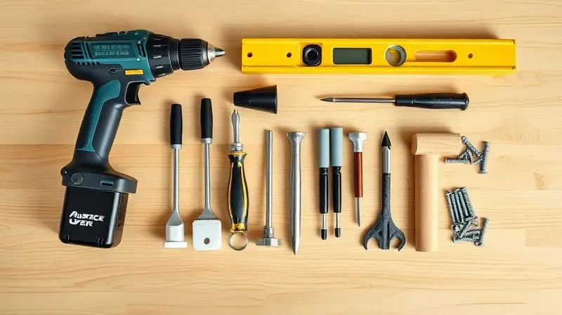 Ferramentas e materiais como furadeira, chave de fenda e parafusos organizados sobre uma bancada para a instalação de um purificador de água.