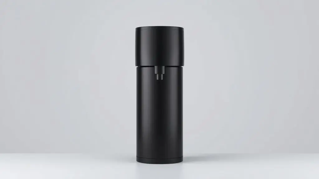 Filtro purificador de água na cor preta, modelo de design moderno e minimalista, em um fundo de estúdio claro, tema da análise completa do produto.