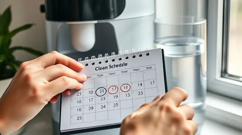 Mãos marcando datas em um calendário ao lado de um purificador de água, ilustrando a frequência ideal para a limpeza do aparelho.