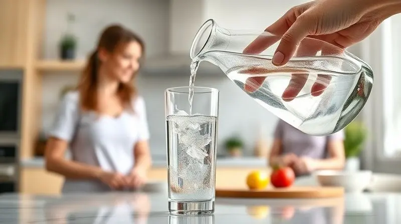 Copo sendo preenchido com água cristalina e pura, simbolizando a importância da água filtrada para a saúde e o bem-estar da família.