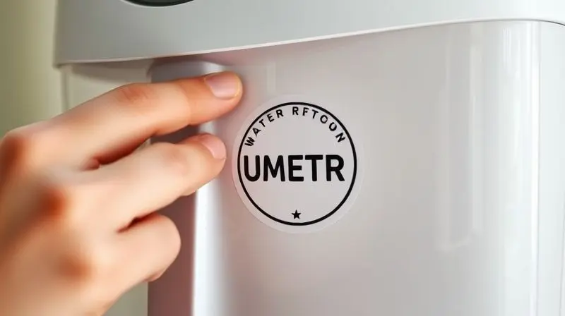 Close-up de um selo de certificação de qualidade sendo colocado em um purificador de água, simbolizando a importância do selo INMETRO.