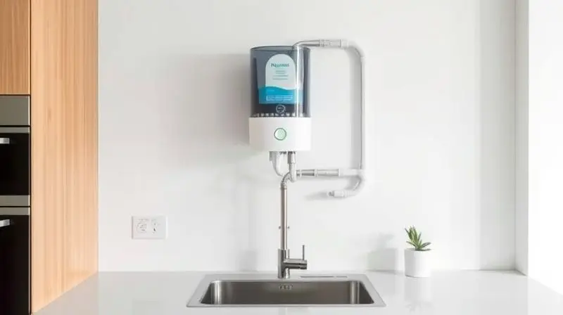 Exemplo de instalação correta de um purificador de água na parede de uma cozinha moderna, acima da pia, de forma limpa e organizada.
