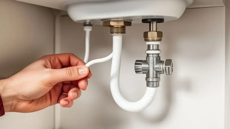 Close-up das mãos de um instalador conectando a mangueira de um purificador a um ponto de água, detalhando a instalação hidráulica.