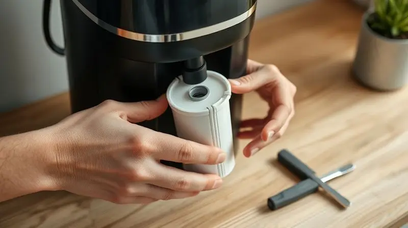 Pessoa realizando a manutenção e troca do refil de um filtro purificador de água, ilustrando a facilidade de instalação e cuidado com o aparelho.
