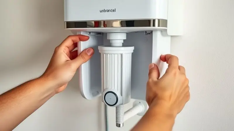 Mãos de uma pessoa realizando a troca do refil de um purificador de água, demonstrando a fácil instalação e manutenção do aparelho.