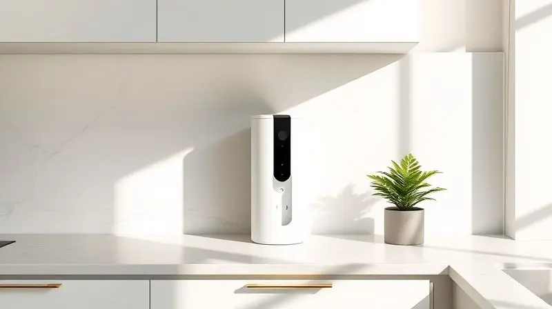 Purificador de água com compressor instalado de forma compacta em uma bancada de cozinha moderna, otimizando o espaço disponível.
