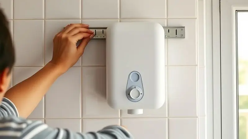 Mãos de uma pessoa utilizando um nível para garantir a instalação reta de um purificador de água branco na parede da cozinha.