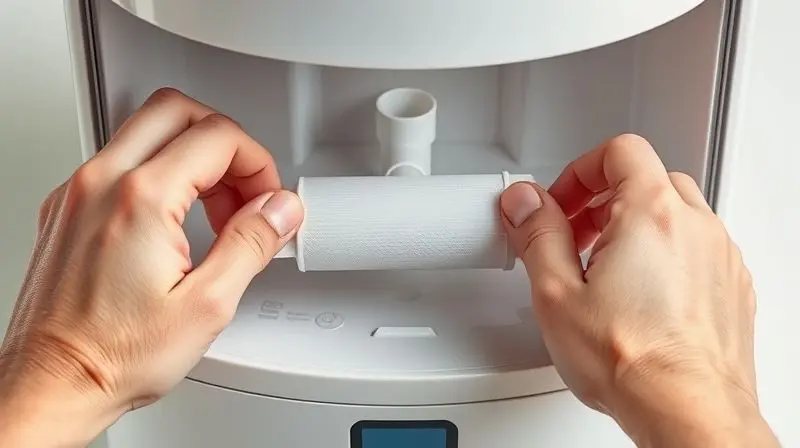 Demonstração da instalação de um novo refil de filtro em um purificador IBBL FR600 Exclusive, destacando o encaixe correto da peça.