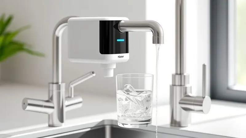 Alternativa de instalação de um purificador de água compacto diretamente na torneira da cozinha, com água limpa enchendo um copo de vidro.