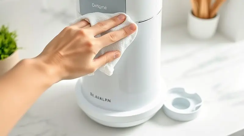 Pessoa realizando a limpeza da parte externa de um purificador de água com um pano macio para remover poeira e manchas da superfície.