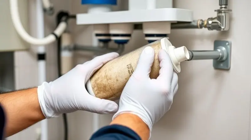 Técnico com luvas realizando a manutenção de um sistema de tratamento de água, trocando o filtro para garantir a qualidade contínua.